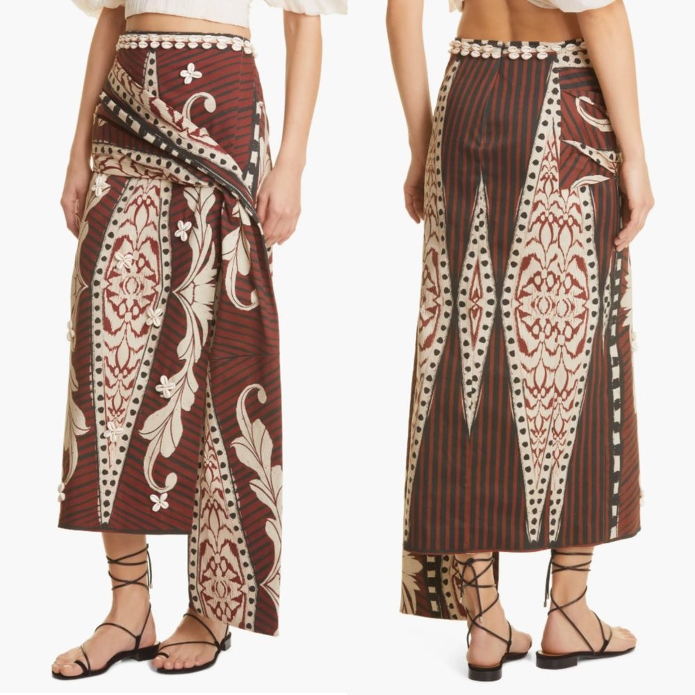 Johanna Ortiz Indigenous India Print Faux Wrap Midi Skirt with Shells‎ Women's 6